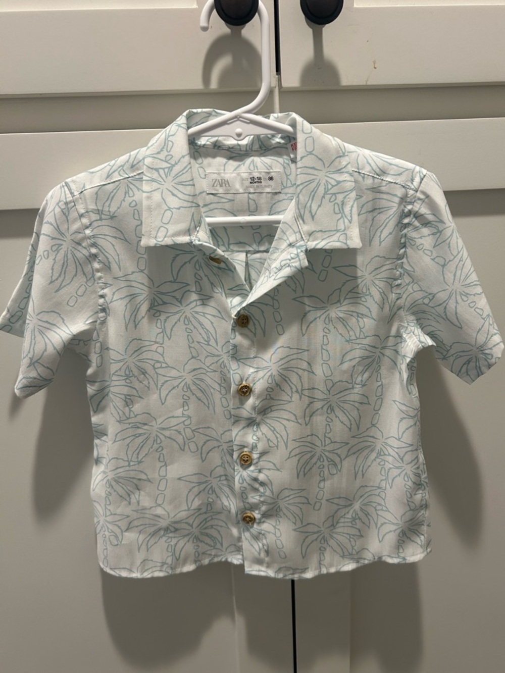 ZARA Toddler White Palm-Print Short Sleeve Button Shirt 12-18m